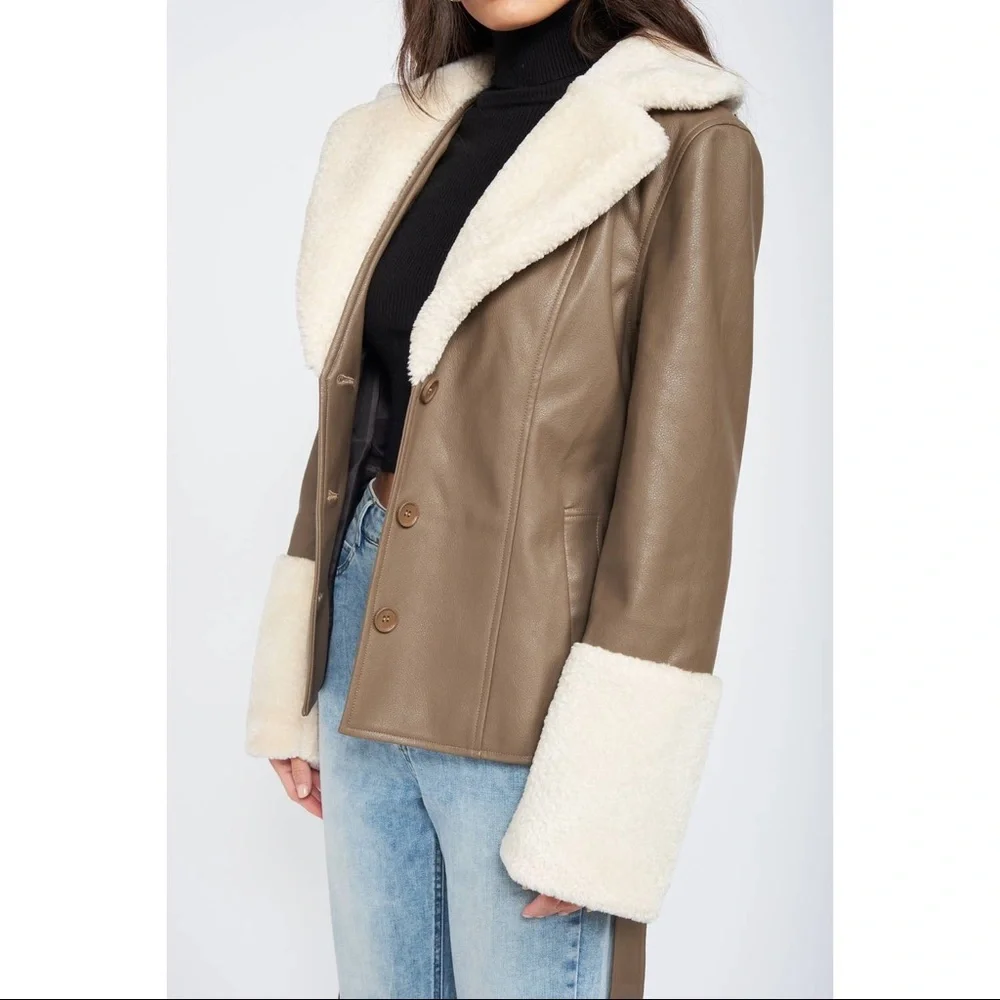 PRICE DROP Belted Faux Shearling Trimmed Taupe Leather Jacket - Picture 4 of 10